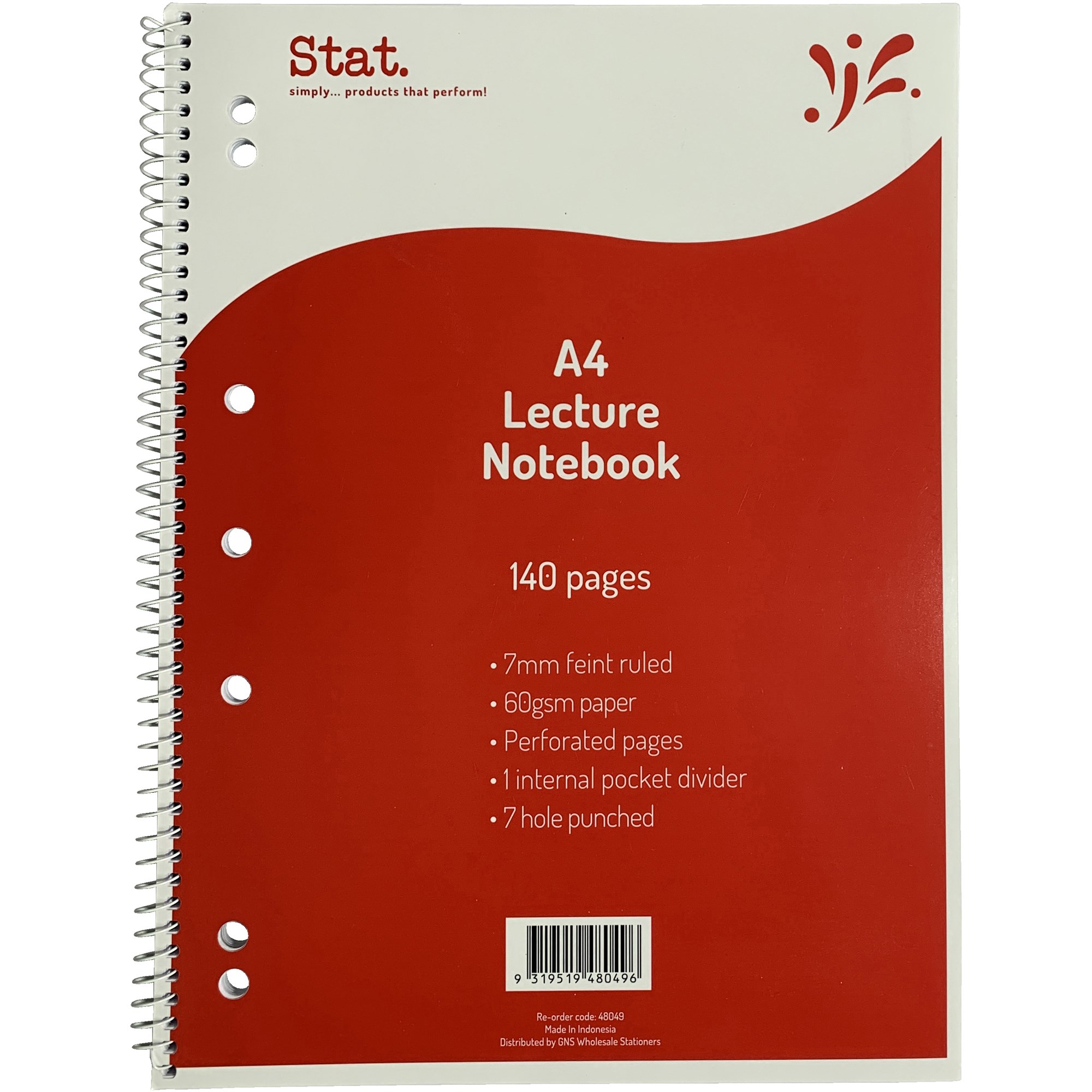 Stat Lecture Note Book Spiral A4 7mm Ruled 60gsm 140 Page Red