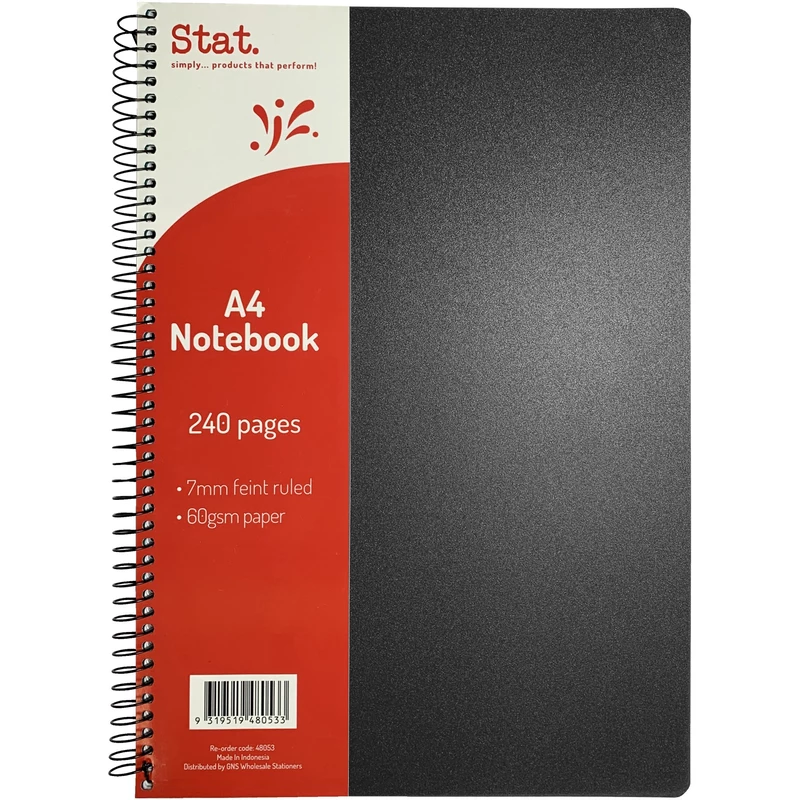 Stat Notebook A4 7mm Ruled 60gsm 240 Page Poly Cover Black