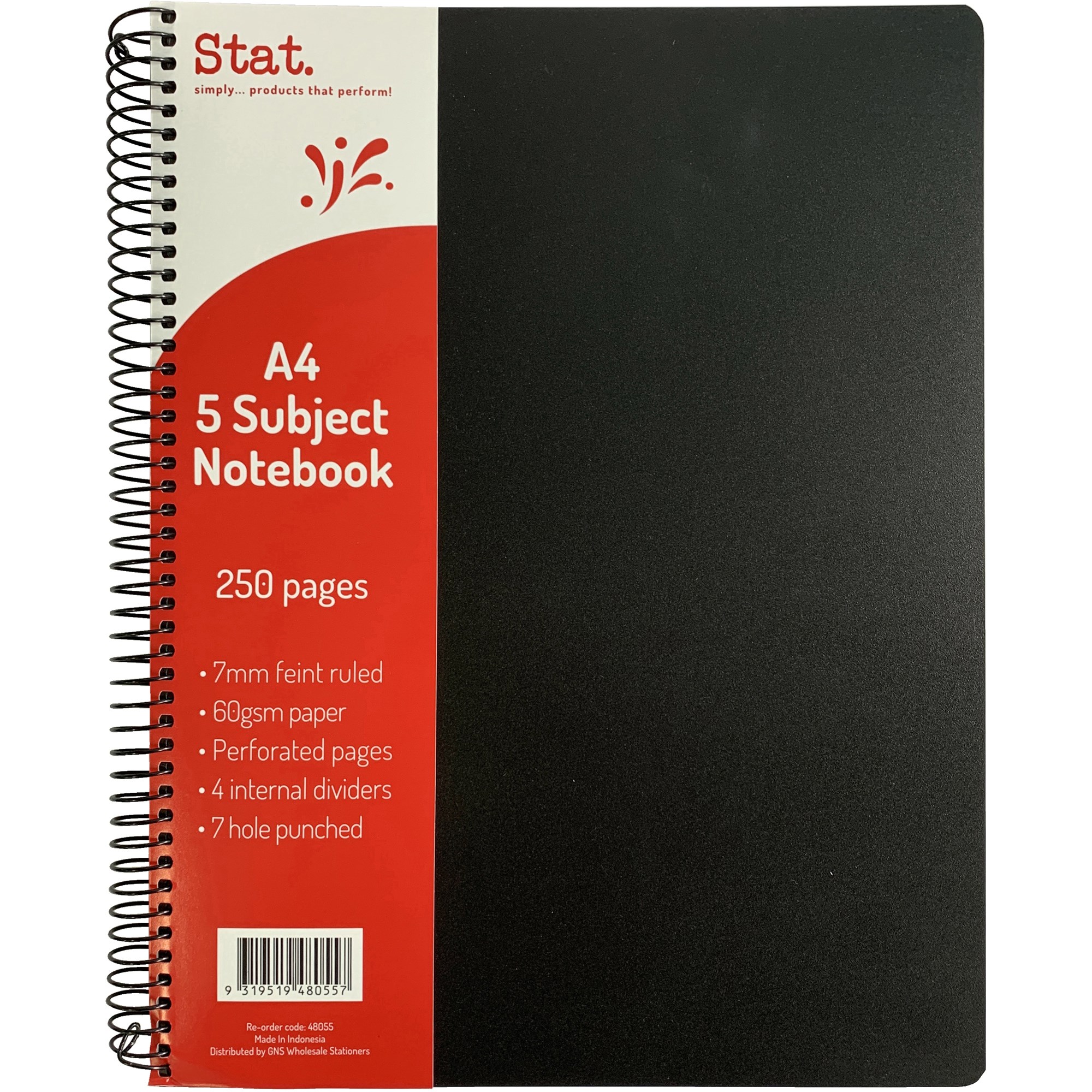 Stat 5 Subject Notebook A4 7mm Ruled 60gsm 250 Page Poly Cover Black