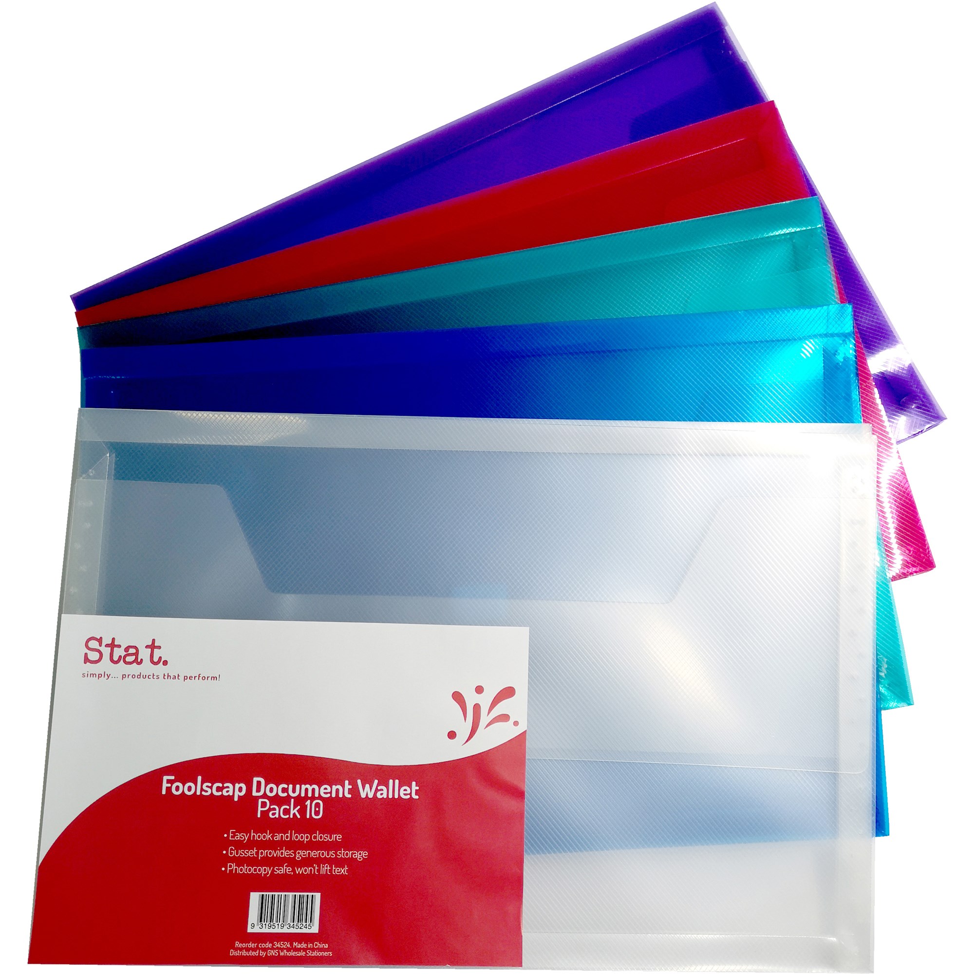 Stat Document Wallet Foolscap Polypropylene 30mm Gusset Loop Closure Assorted Pack  of 10
