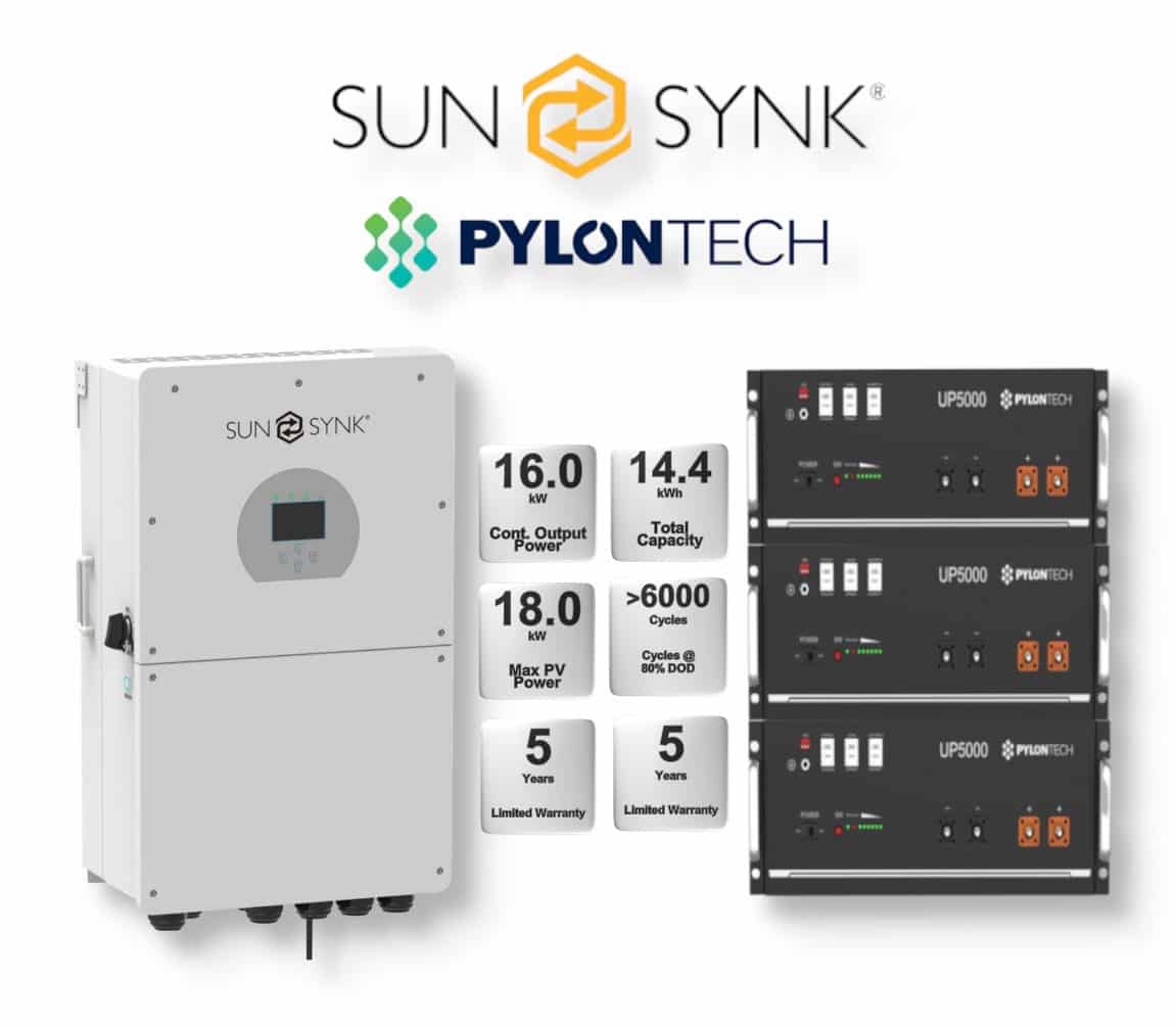 16.0 kW SUNSYNK Hybrid - PYLONTECH Combo, c/w 3x 4.8 kWh Lithium Batteries