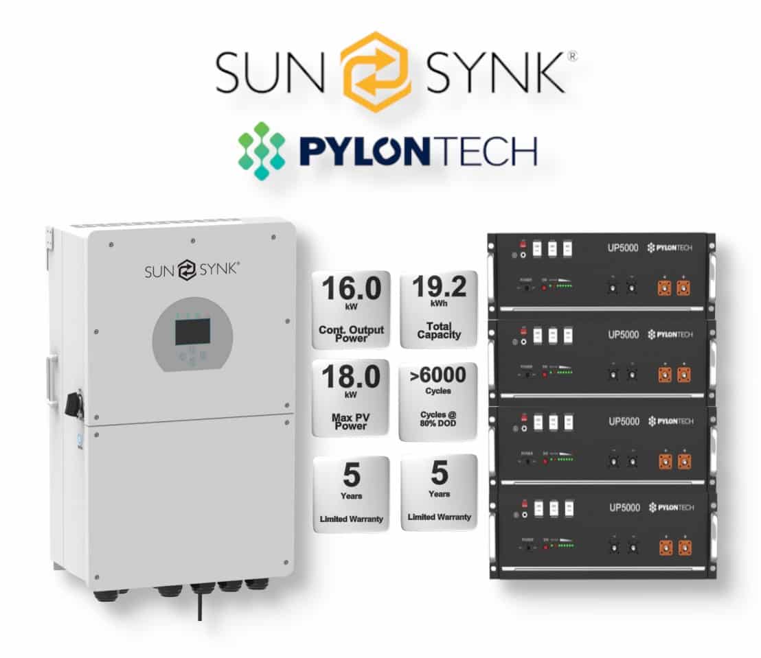 16.0 kW SUNSYNK Hybrid - PYLONTECH Combo, c/w 4x 4.8 kWh Lithium Batteries