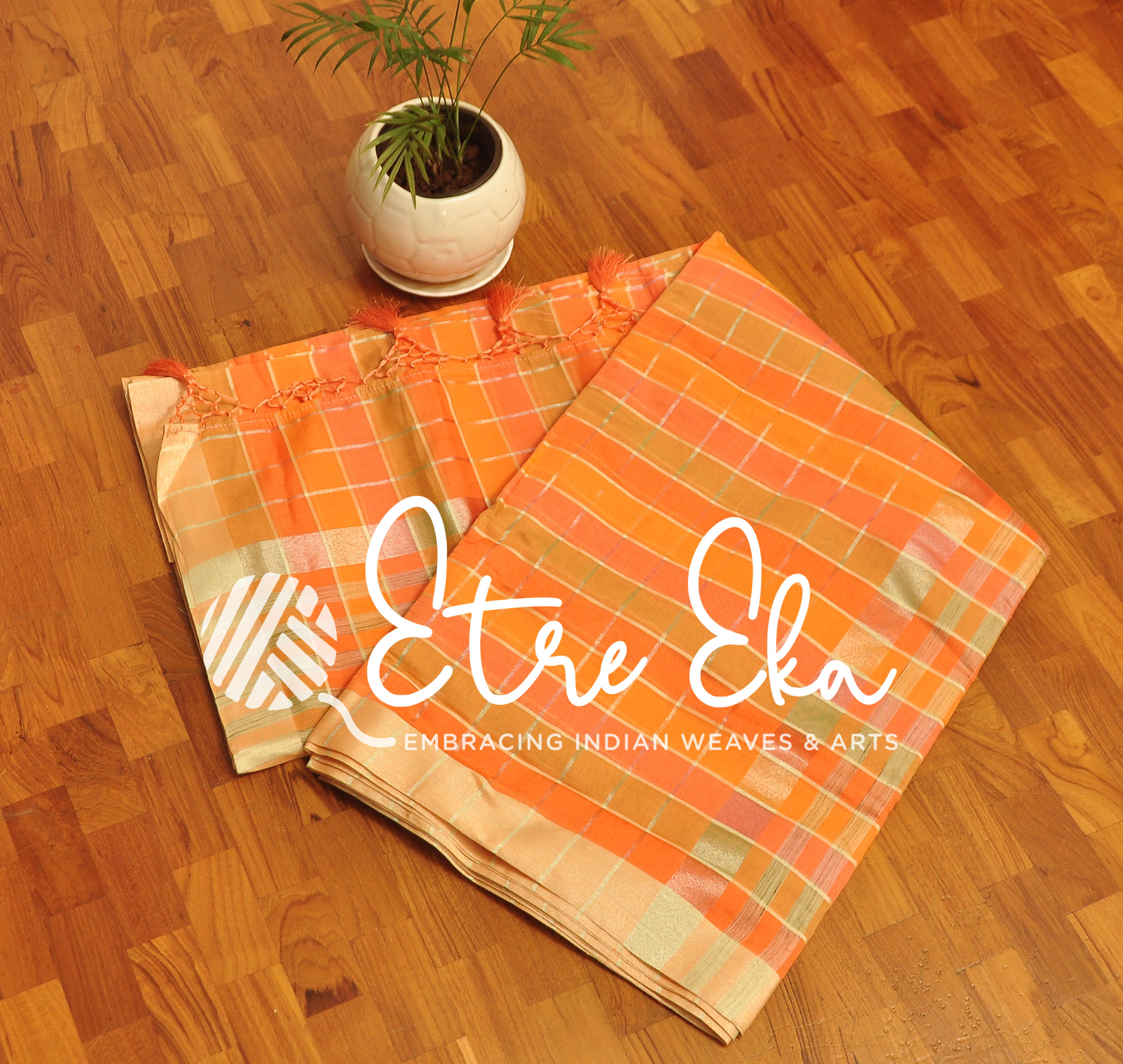 Banarazi Cotton Saree- Handwoven- Pastel Orange, Green and Pink