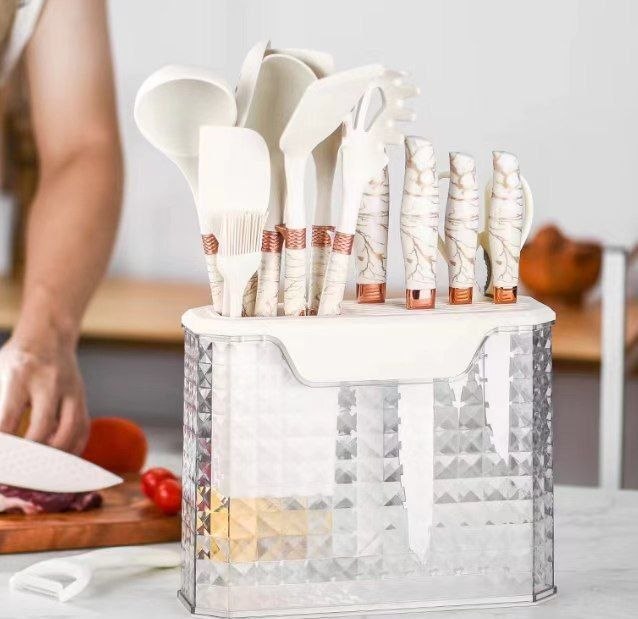 16PCS  MARBLE KITCHEN UTENSILS TOOLS WITH ACRYLIC STORAGE
