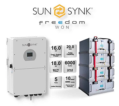 16.0 kW SUNSYNK Hybrid -  FREEDOM WON Combo, c/w 4x 5.0 kWh Lithium Batteries 16.0 kW SUNSYNK Hybrid -  FREEDOM WON Combo, c/w 4x 5.0 kWh Lithium Batteries