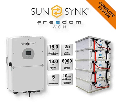 16.0 kW SUNSYNK Hybrid -  FREEDOM WON Combo, c/w 5x 5.0 kWh Lithium Batteries