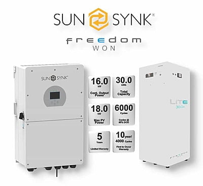 16.0 kW SUNSYNK Hybrid -  FREEDOM WON Combo, c/w 30 kWh Floor Standing Lithium Battery 16.0 kW SUNSYNK Hybrid -  FREEDOM WON Combo, c/w 30 kWh Floor Standing Lithium Battery