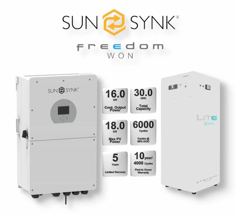 16.0 kW SUNSYNK Hybrid -  FREEDOM WON Combo, c/w 30 kWh Floor Standing Lithium Battery 16.0 kW SUNSYNK Hybrid -  FREEDOM WON Combo, c/w 30 kWh Floor Standing Lithium Battery