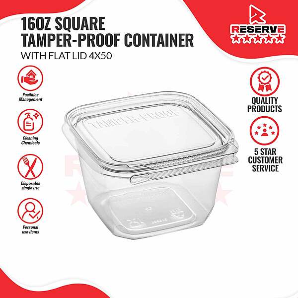 16oz Reserve Square Tamper-Proof Container with Flat Lid 4/50