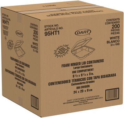 Dart Foam Hinged Containers (Non-Perf) Large 1 Comp 9 1/2 x 9 1/4 x 3 2 / 100 cs