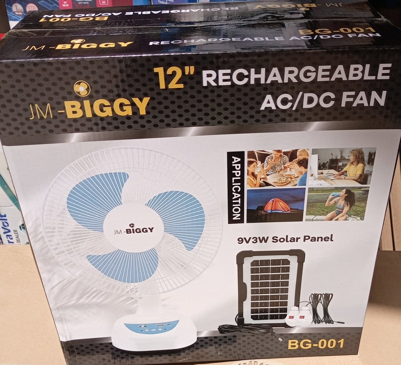 JM-BIGGY  12 INCHES SOLAR  / ELECTRIC RECHARGEABLE  AC/DC TABLE FAN