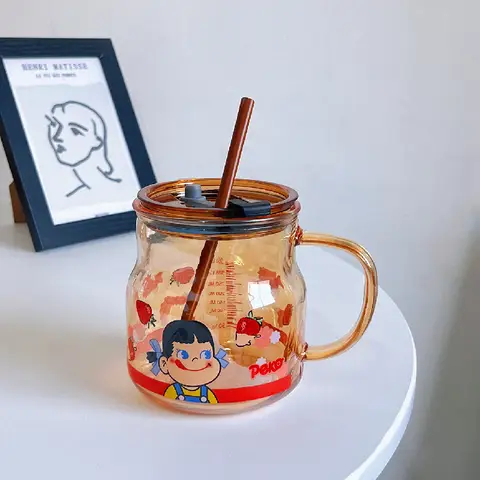 CARTOON GLASS CUP WITH LID AND STRAW
