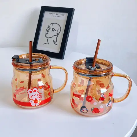 CARTOON GLASS CUP WITH LID AND STRAW