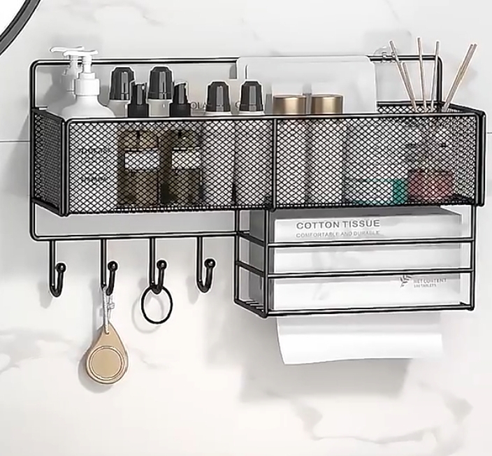 WALL MESH STORAGE WITH HANGERS AND  DRAWERS