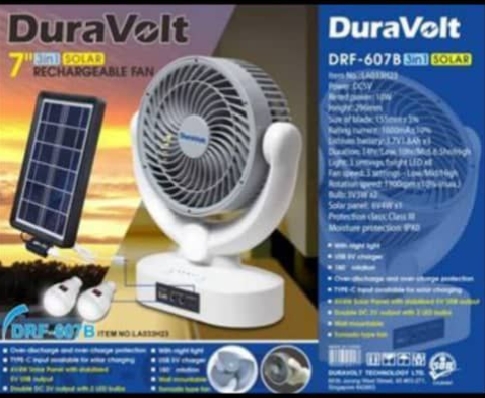 DURAVOLT 7 INCHES SOLAR TABLE FAN WITH 2 LED BULBS