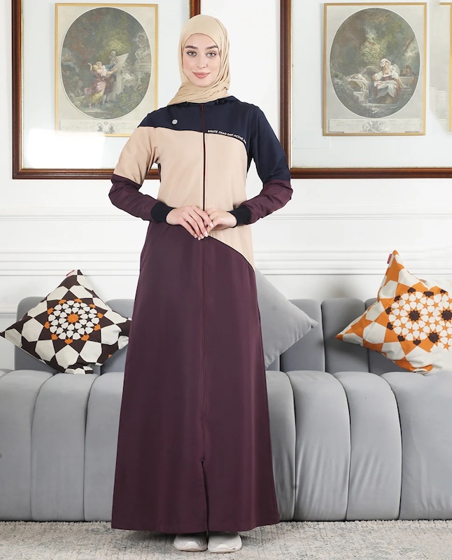 BURGUNDY CONTRAST FULL FRONT OPEN HOODED JILBAB