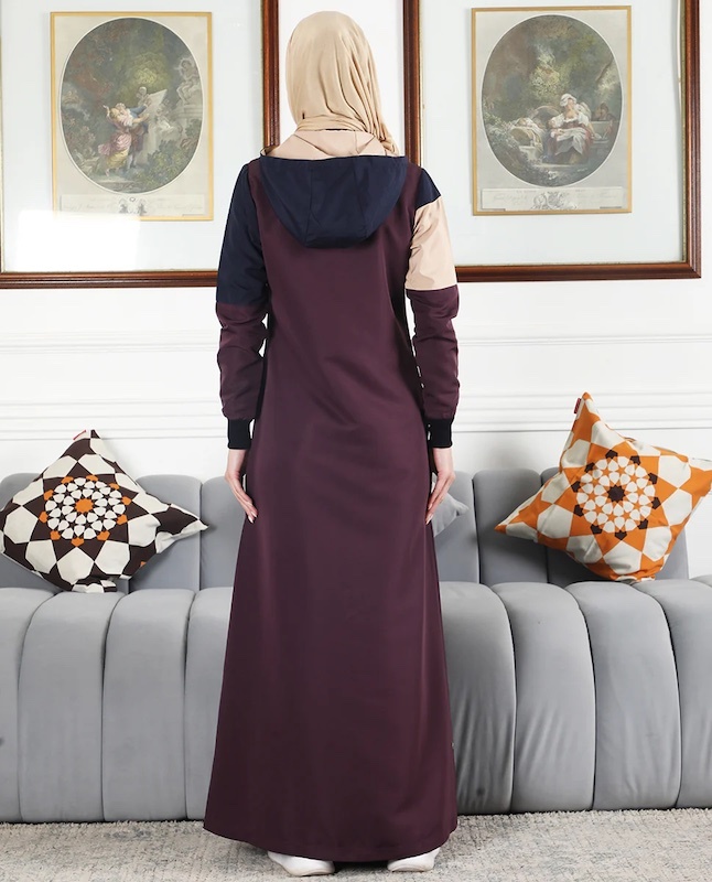 BURGUNDY CONTRAST FULL FRONT OPEN HOODED JILBAB