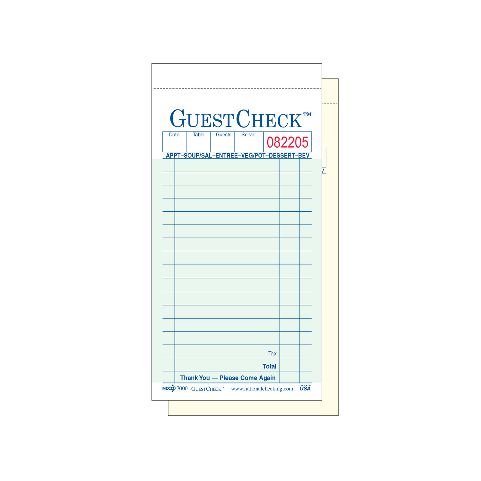 National Checking Two-Part Carbonless Guest Check 3.40" x 6.75" Green Bulk Pack Med 50 / 50 cs