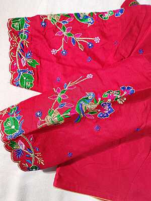 K033: Ready To Ship Beautiful Raw Silk Red Work Blouse