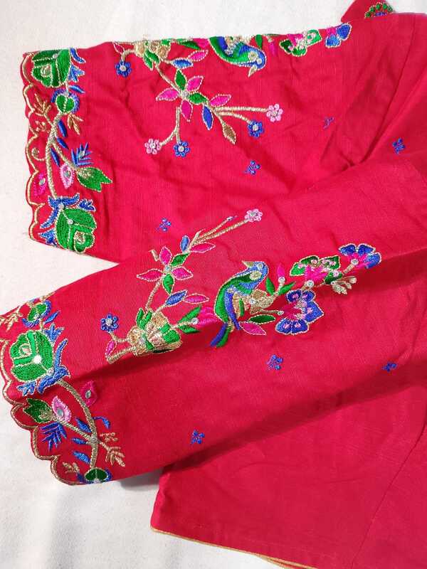 K033: Ready To Ship Beautiful Raw Silk Red Work Blouse