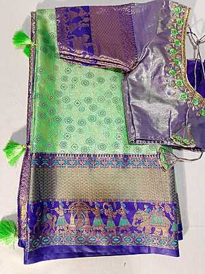 J412: Ready To Ship Beautiful Semi Kanchipattu Saree With Stitched Embroidery Work Blouse