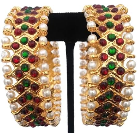 Temple Jewellery Brass Bangles – Gold Plated with Red Kempstones suitable for Bridal & Bharatanatyam