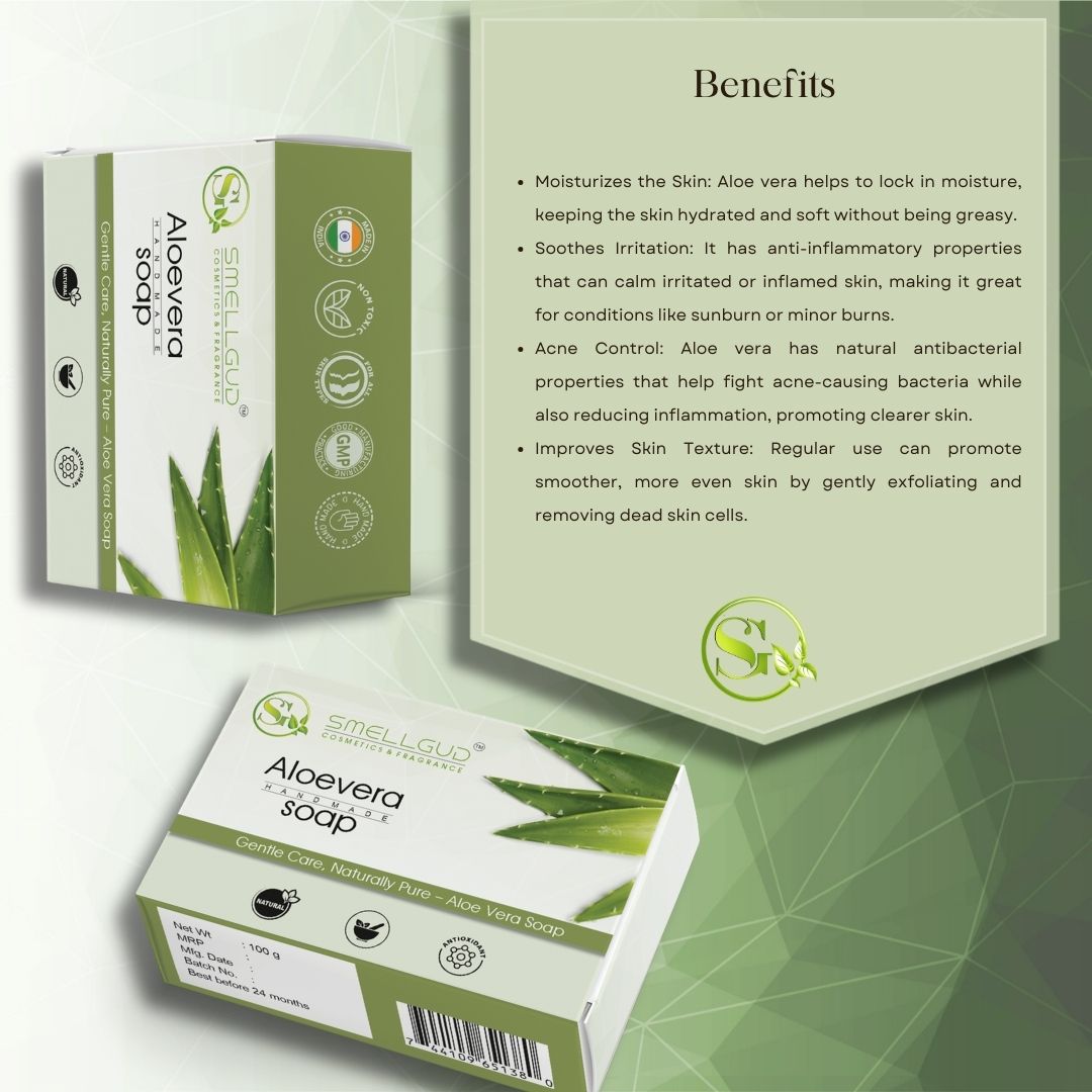 Smellgud cosmetics Natural Aloe Vera Soap|Natural Handmade Soap | Herbal Bathing Soap For Healthy Skin|Natural Soap With Essential Oils|Soap For Soft Skin|Suitable For All Skin
