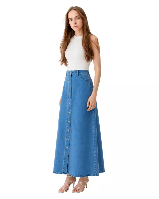 Button-Front Denim Maxi Skirt