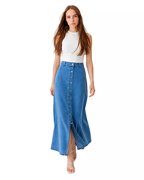 Button-Front Denim Maxi Skirt