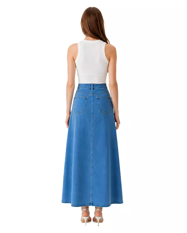 Button-Front Denim Maxi Skirt