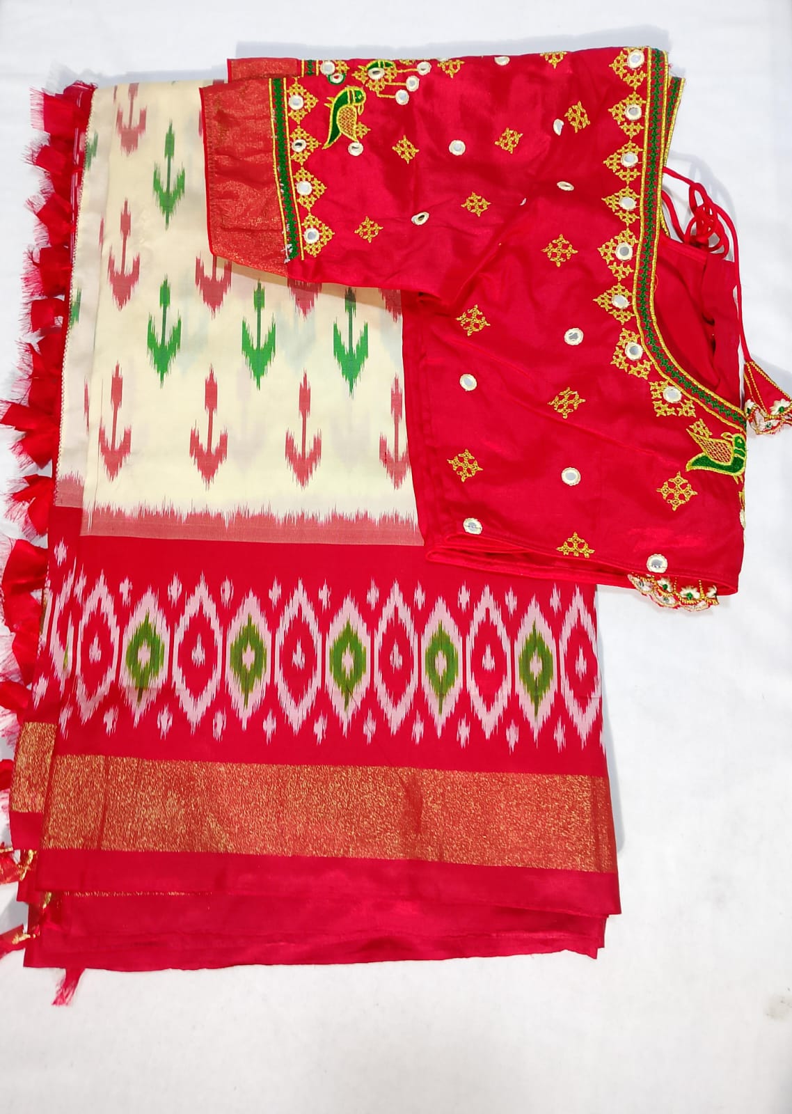 J333: Ready To Ship Beautiful  Pure Ikkat Saree With Stitched Embroidery Work Blouse