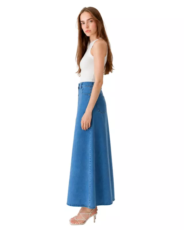 Button-Front Denim Maxi Skirt