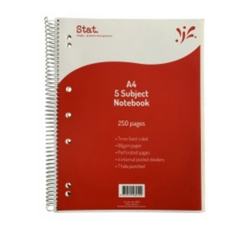 Stat Notebook A4 5 Subject 60Gsm 7mm Ruling Board Cover Red 250Pg Pack 5