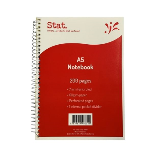 Stat Notebook A5 60Gsm 7mm Ruling Board Cover Red 200Pg Pack 5
