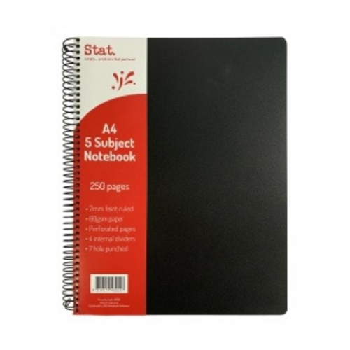 Stat Notebook A4 5 Subject 60Gsm 7mm Ruling Pp Cover Black 250Pg Pack 5