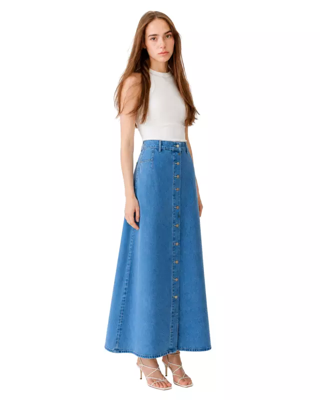 Button-Front Denim Maxi Skirt
