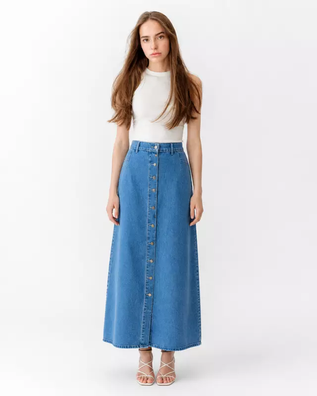 Button-Front Denim Maxi Skirt