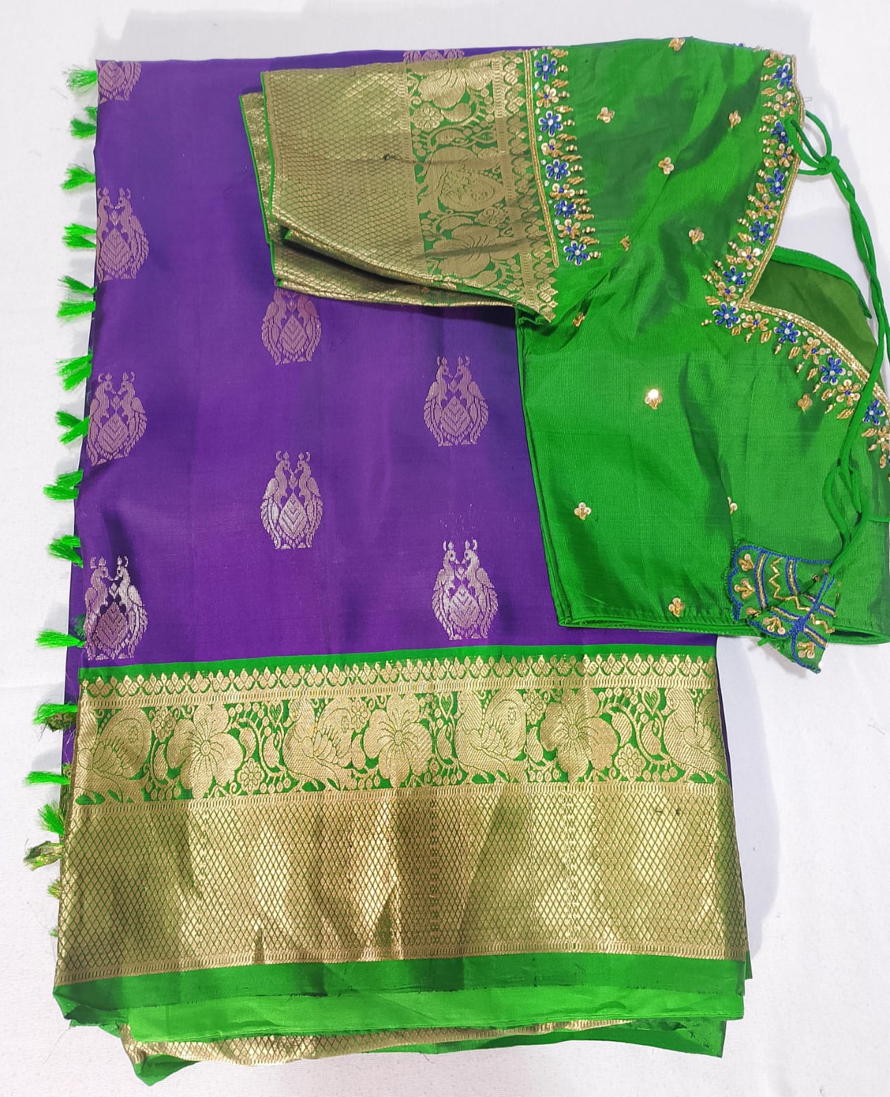 N210:Ready To Ship Beautiful Pure Kanchipattu Saree With Stitched Maggam Work Blouse