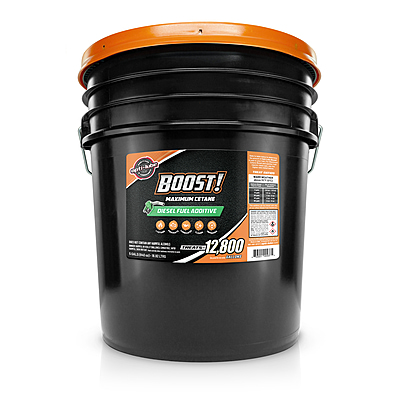 Opti-Lube Boost maximum cetane diesel fuel additive in a black 5-gallon pail with orange lid Opti-Lube Boost maximum cetane diesel fuel additive in a black 5-gallon pail with orange lid