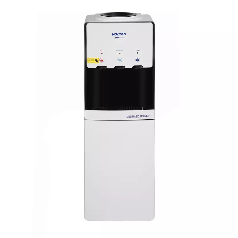 Front view of Voltas Minimagic Spring RV+, showing its three taps and the refrigerated cabinet door.