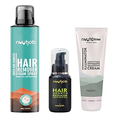 Nuutjob - Total Hair Removal Kit | Hair Removal foam spray + Hair growth reducer gel + Nuut glow Intimate Brightening Cream Combo Pack