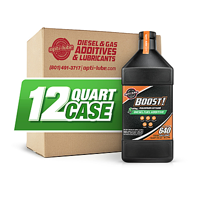 Opti-Lube Boost diesel fuel additive 12-quart case shown with carton and one quart bottle Opti-Lube Boost diesel fuel additive 12-quart case shown with carton and one quart bottle