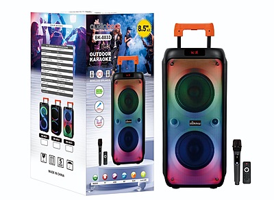 BK-8833 Outdoor Karaoke Speaker with Dual 8.5” Woofers, Wireless Mic & LED Lights