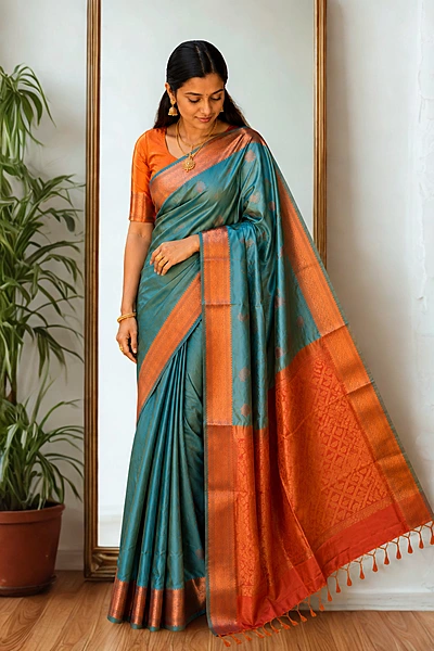 Premium Soft Silk Golden Mix Skyblue With Orange