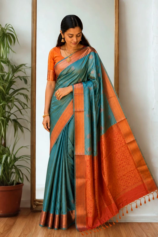 Premium Soft Silk Golden Mix Skyblue With Orange