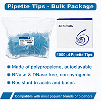 1000μl Universal Pipette Tips, PP, Bulk Pack, Non-Sterile, DNase & RNase free, Blue