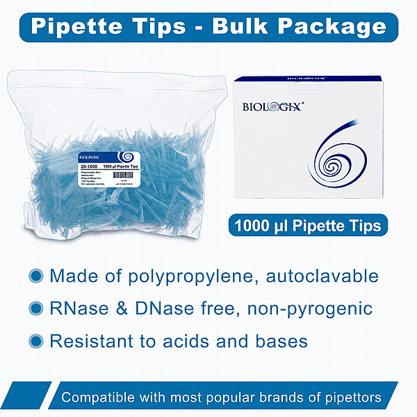 1000μl Universal Pipette Tips, PP, Bulk Pack, Non-Sterile, DNase & RNase free, Blue