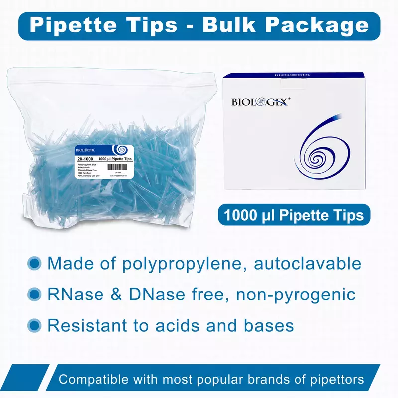 1000μl Universal Pipette Tips, PP, Bulk Pack, Non-Sterile, DNase & RNase free, Blue