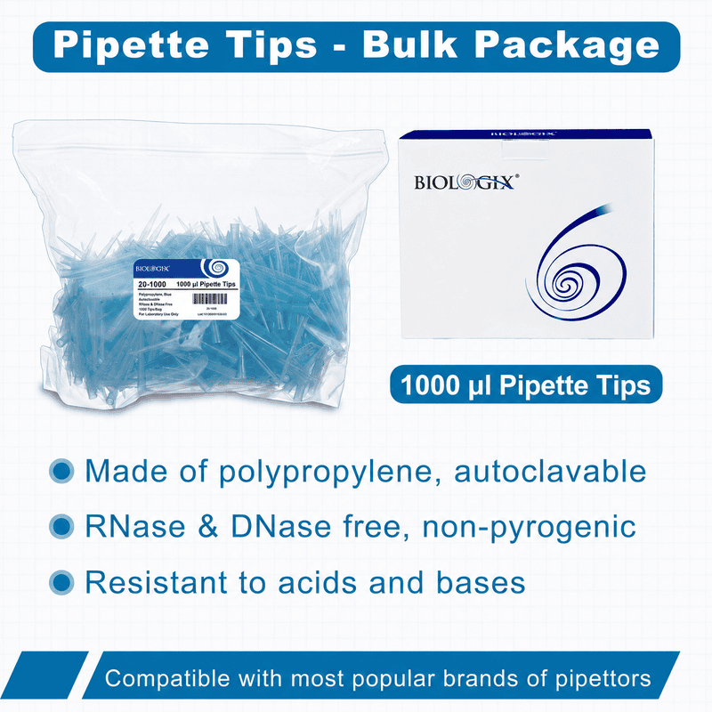 1000μl Universal Pipette Tips, PP, Bulk Pack, Non-Sterile, DNase & RNase free, Blue