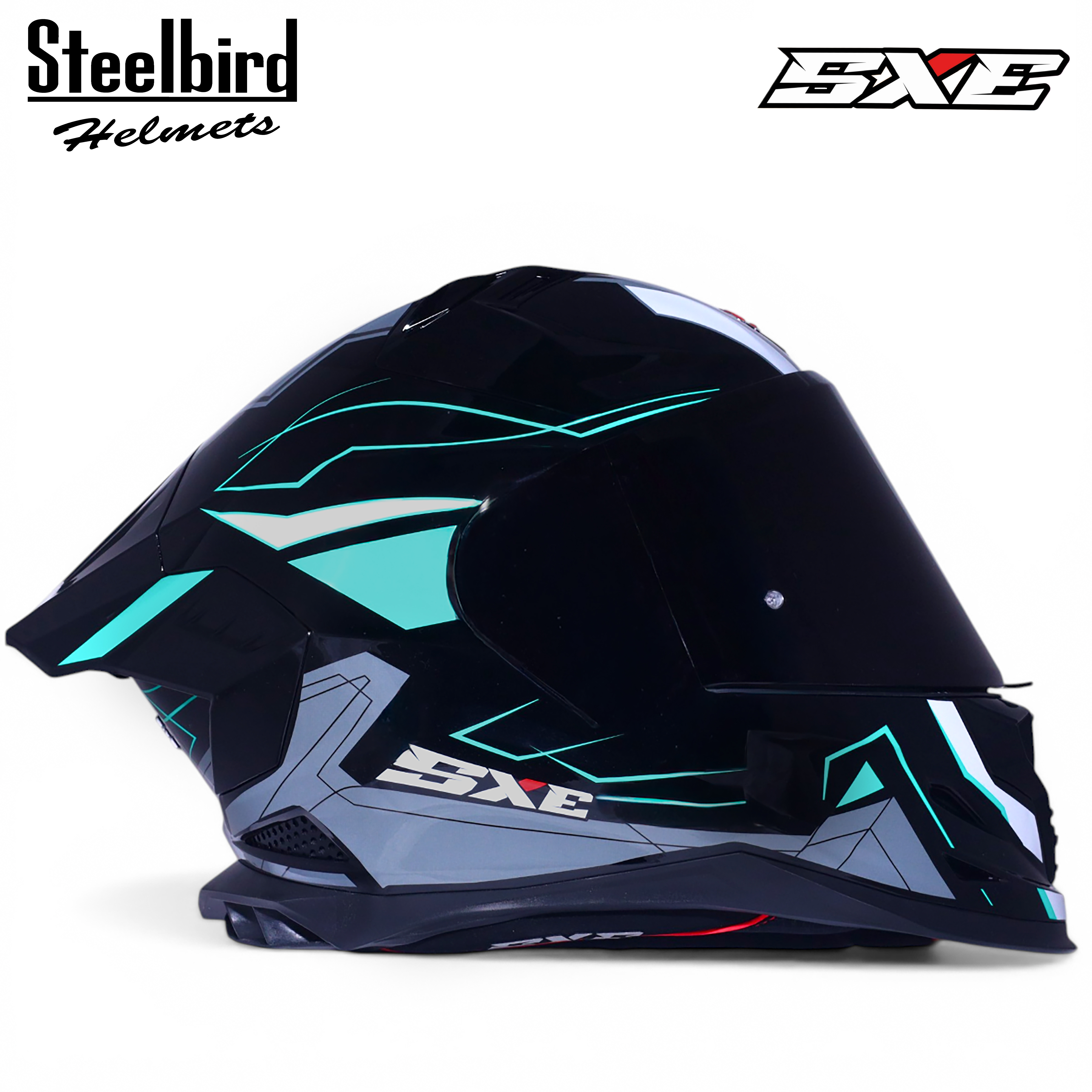 Steelbird SBH-61 SXE Race-X Helmet 600mm BLACK/CYANGREENWITHTPEEDITION ...
